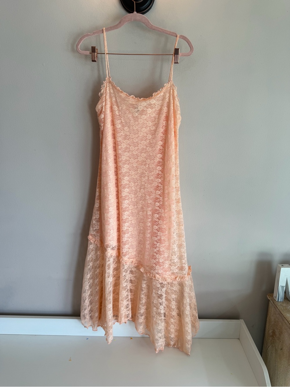 Old Navy L Peach Floral Lace Midi Cami Slip Dress High Low Ruffle